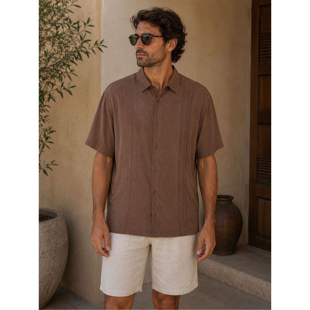 Cafe Luna Men’s Brown Camp Shirt Rayon Blend Button Front Cuban Size 2XL
